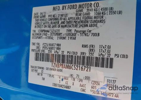 2012 Ford Mustang V6 из США, поврежденный, VIN 1ZVBP8AM6C5216721